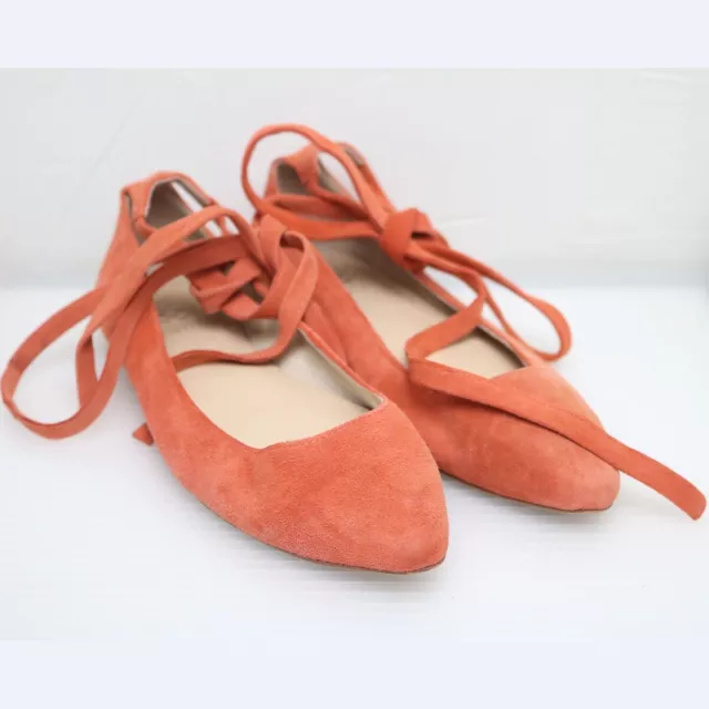 Vince Camuto Women 6.5 Orange Suede Pointed Toe Lace Up Ankle Ballet Flat Shoes