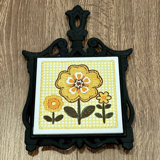 VTG MCM Seven Star Cast Iron Ceramic Tile Trivet Wall Decor Spring/Summer Floral
