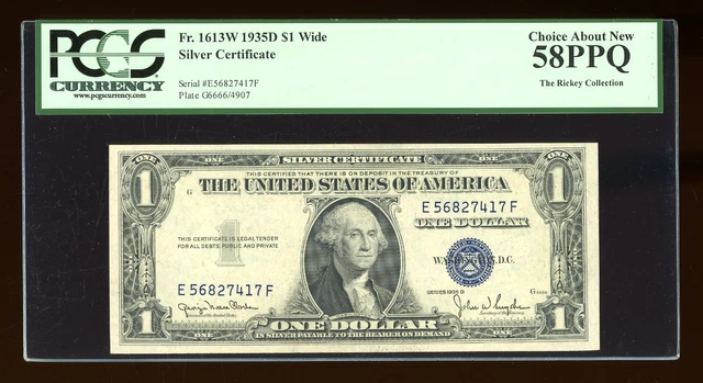 DBR 1935-D $1 Silver Fr. 1613W Wide EF Block PCGS 58 PPQ Serial E56827417F