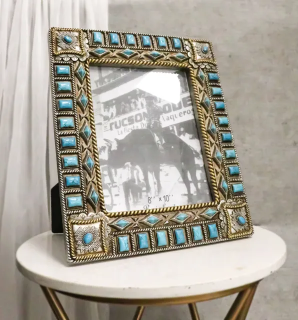Rustic Western Turquoise Gems Geometric Patterns Ropes Picture Frame 8"X10"