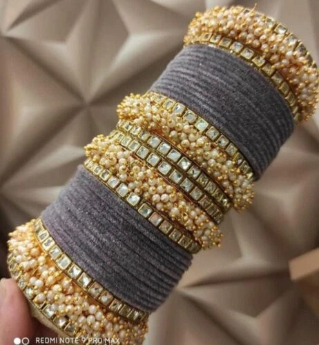 36 Teile Grau Samt Glas Armreif Kundan Kada Braut Armreif Set Mädchen/Damen