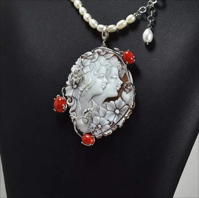 Collana In Perle E Ciondolo In Argento 925 Con Cammeo E Corallo Rosso Agdv 0121