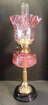 Large Victorian Embossed Scalloped Cranberry Glass & Brass Double Oil Lamp Excel