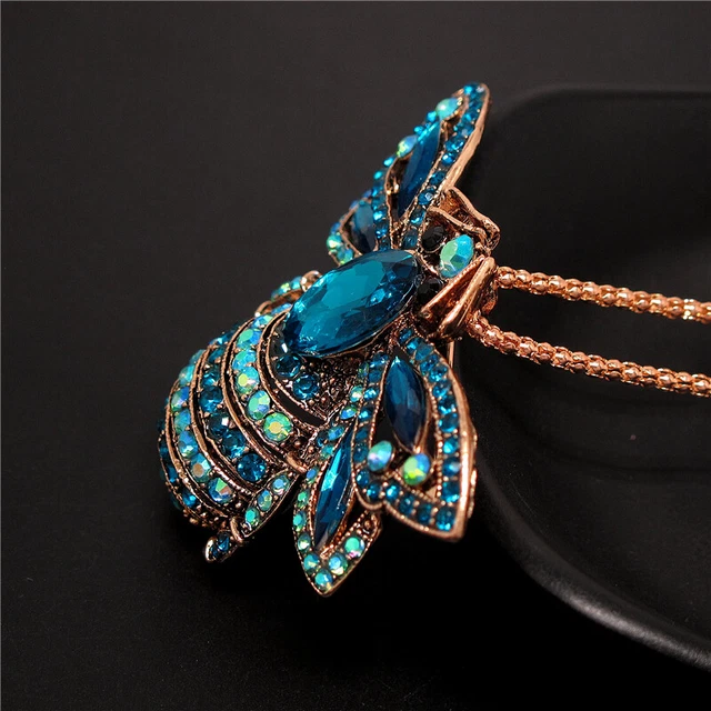Betsey Johnson Bling Blue Rhinestone Honey Bee Crystal Pendant Chain Necklace 3