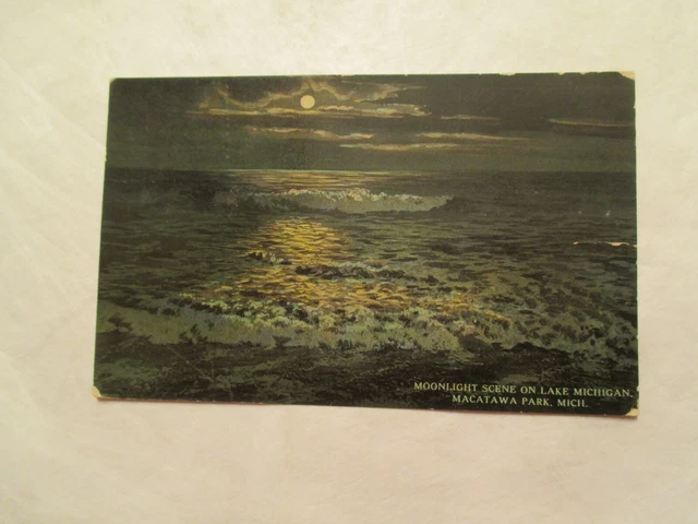 Michigan Postcard Moonlight scene Lake Michigan Macatawa Park MI