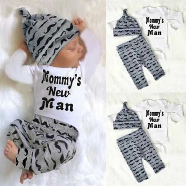 3PCS Infant Newborn Baby Boy Romper Tops+Long Pants+Hat Outfit Clothes 0-18M