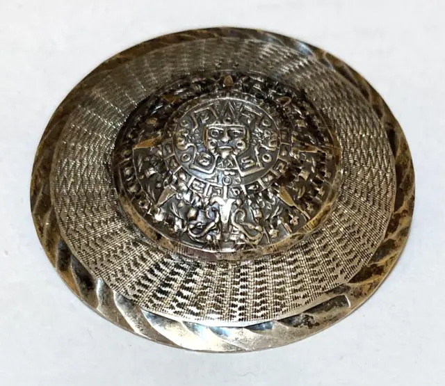 MEXICO 925 Sterling Silver - Vintage Aztec Sun Calendar Brooch Pendant