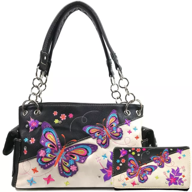 Zelris Women Butterfly Embroidered Spring Concealed Handbag Purse Wallet Set