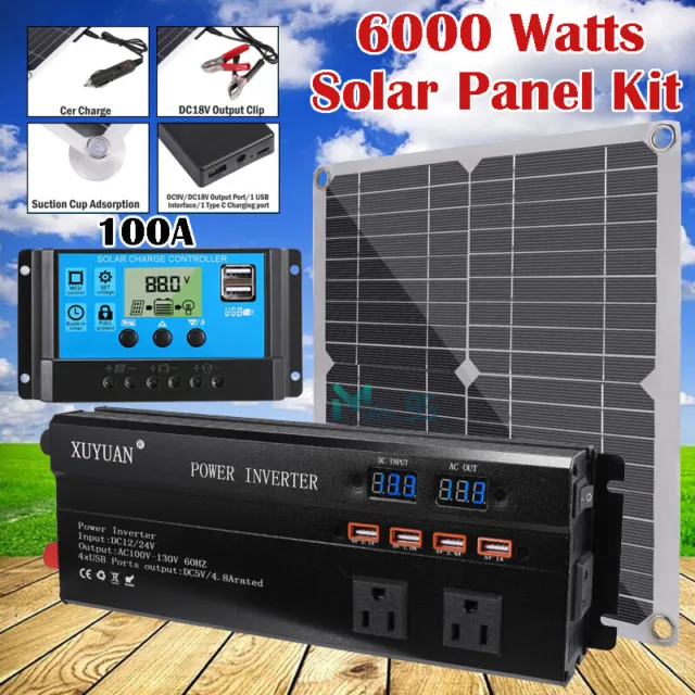 200W Solar Panel 12V /24V Charger Battery Charger Kit 6000W Car Power Inverter
