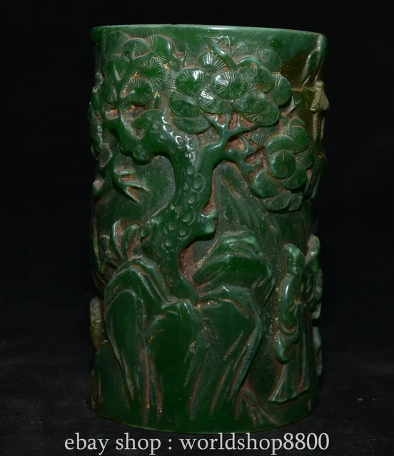 5" Chinese Green Jade Carving Landscape People Stationery Pen Holder Pen Case