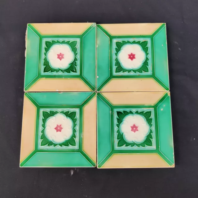 Vintage Embossed Floral Design Majolica Art 4 Pcs Architecture Tile Japan CT61