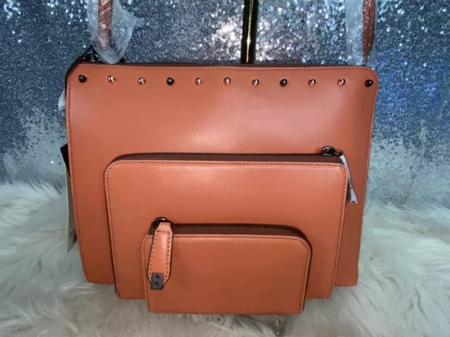 NWT Kooba Mandi Ipad Leather Studded Leather Crossbody Salmon $395