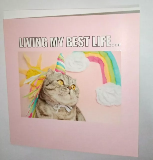 Bulk Buy greeting card LIVING MY BEST LIFE cat any occasion rainbow job lot x10