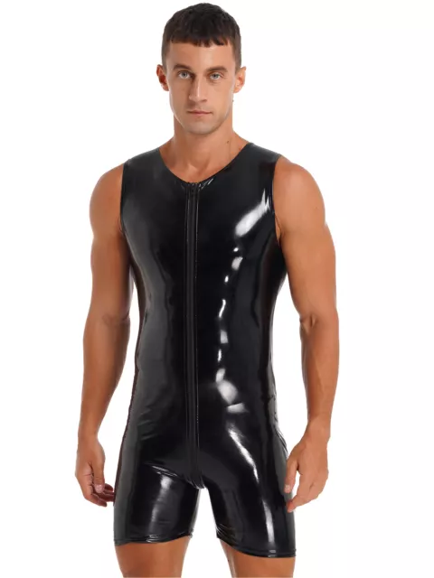 MENS WETLOOK SLEEVELESS Bodysuit PVC Leather Zipper Boxer Shorts Romper ...