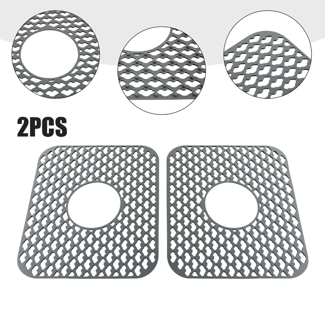 Pair Silicone Sink Mats Grid Kitchen Protector Pad Non-slip Grey Drain Sink Mats