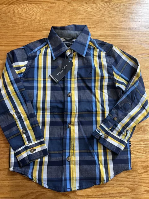 Nautica Toddler Boys Plaid Button Down Dress Shirt Size 4T Blue Yellow