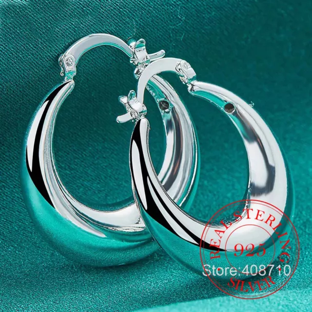 Womens 925 Sterling Solid Silver Elegant Smooth Holllow Pierced Hoop Earrings