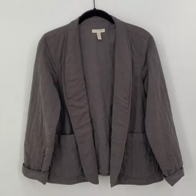 Eileen Fisher Quilted Linen Blend Slub High Collar Jacket Grey Size Petite Med