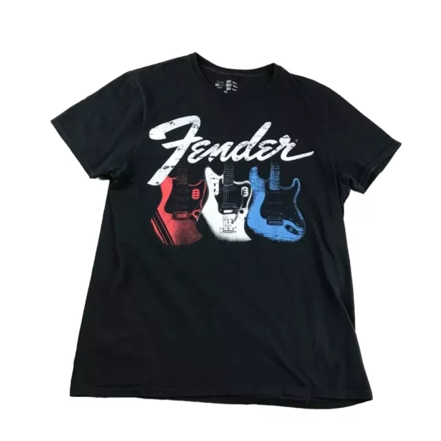 Fender Shirt Mens Medium Black Cotton Short Sleeves Colorful Guitars Tee