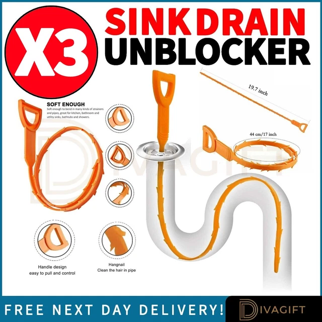 3 X SINK Unblocker Tool Drain Unblocker Bath Shower Snake Cleaner Hair