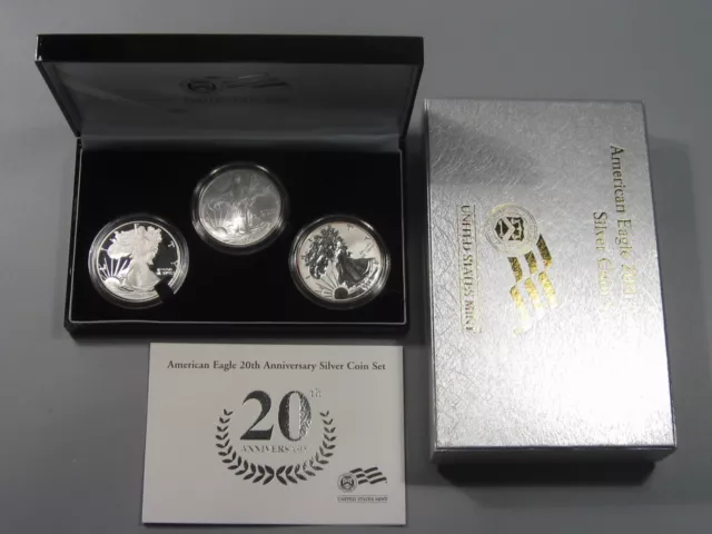 2006 3 Coin Silver American Eagle 20th Anniv Set BU/Proof/Rev Proof OGP Box/COA.