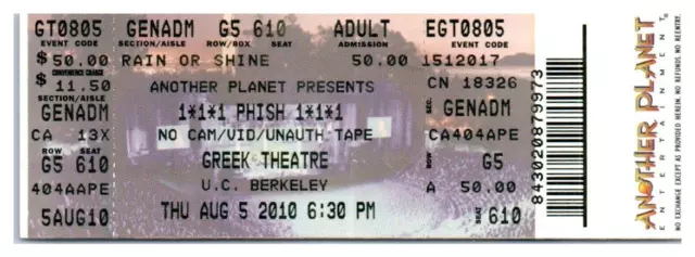 Phish Untorn Concert Ticket Stub August 5 2010 University Of California Berkeley