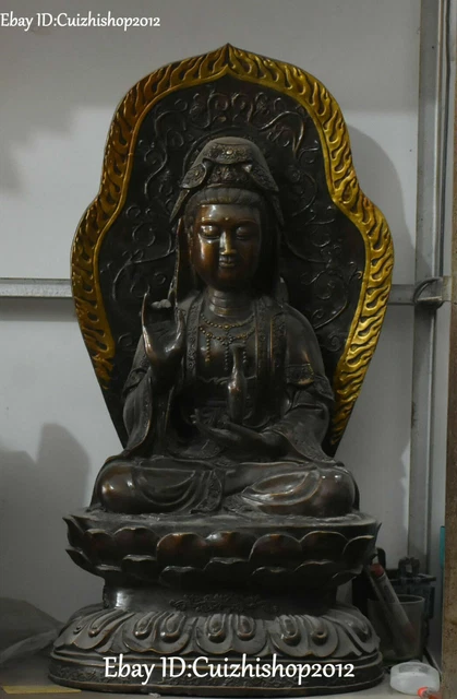 30" Big Old China Bronze Gilt Kwan-Yin Ointment Quan Guan Yin Bodhisattva Statue
