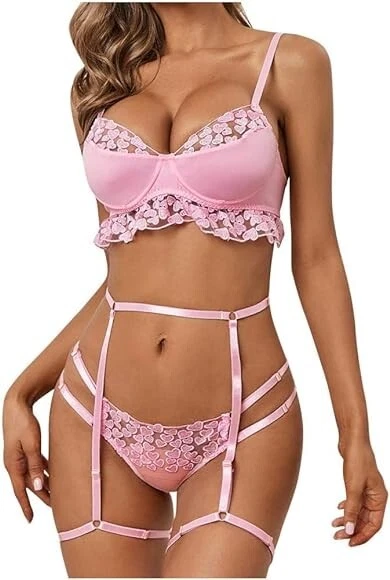 Intimo donna a punta cuore rosa | 3 pezzi lingerie ricamata sexy con ferretto reggiseno T
