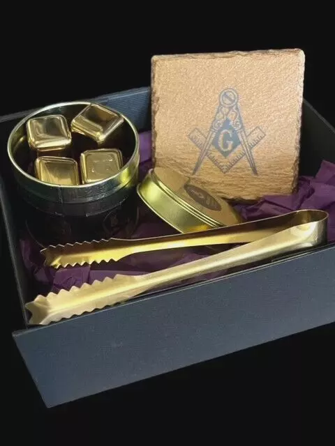 Freemason Gift Hamper Masonic Engraved Gold Ice Cubes Coaster Tongs Luxury Set
