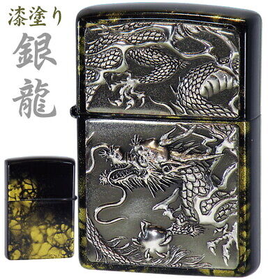 Zippo Silver Dragon Lacquered Rise Metal Plate Lighter Black Velor Box Japan New