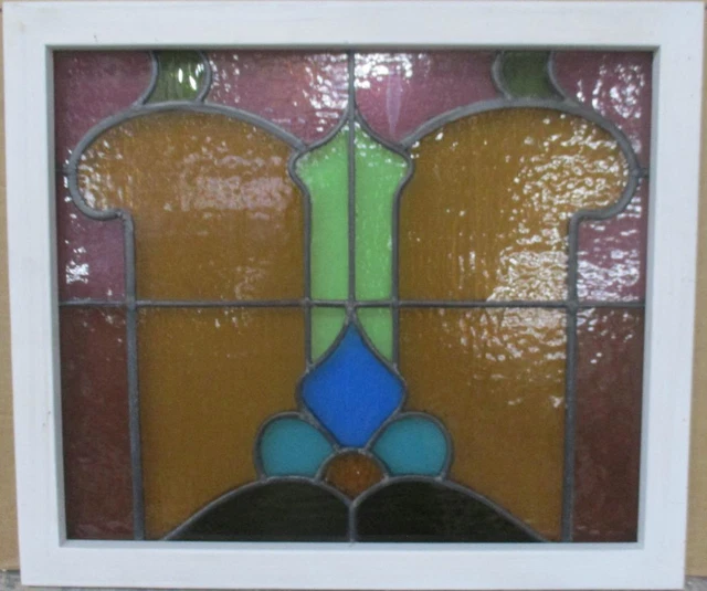 MIDSIZE OLD ENGLISH LEADED STAINED GLASS WINDOW Colorful Abstract 24.25" x 21"