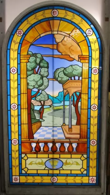 OLD ENGLISH LEADED STAINED GLASS WINDOW Ancient Greece 41" x 77.25"