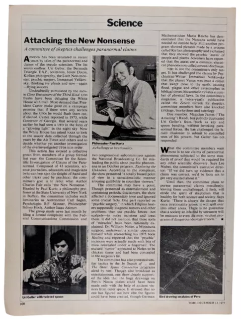 Skepticism Paranormal Paul Kurtz Uri Geller CSICOP 1977 Time Print Story 1pg