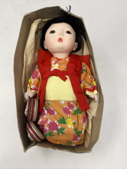 Vtg Ichimatsu Doll Japan Gofun Sitting Baby Girl Child Silk Red Kimono 10”