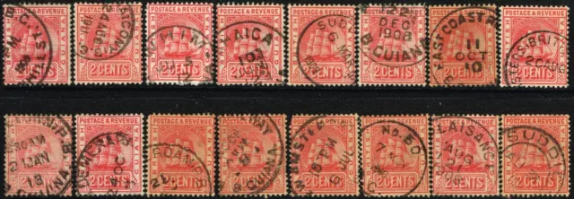 SG 253/253a BRITISH GUIANA 1907-10 – 2c ROSE-RED – USED (SELECTION OF POSTMARKS)