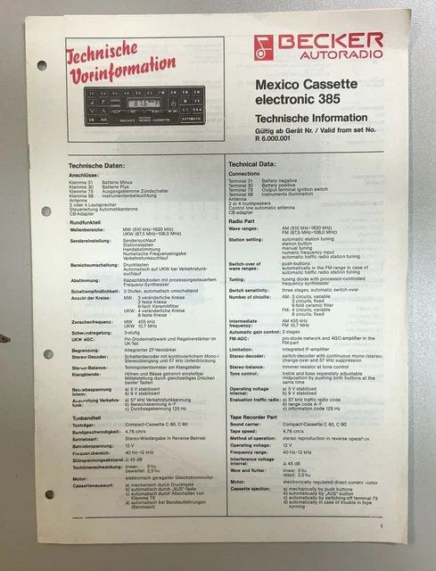 BECKER MEXICO CASSETTE electronic BE 385 Informazioni tecniche EUR 29 ...