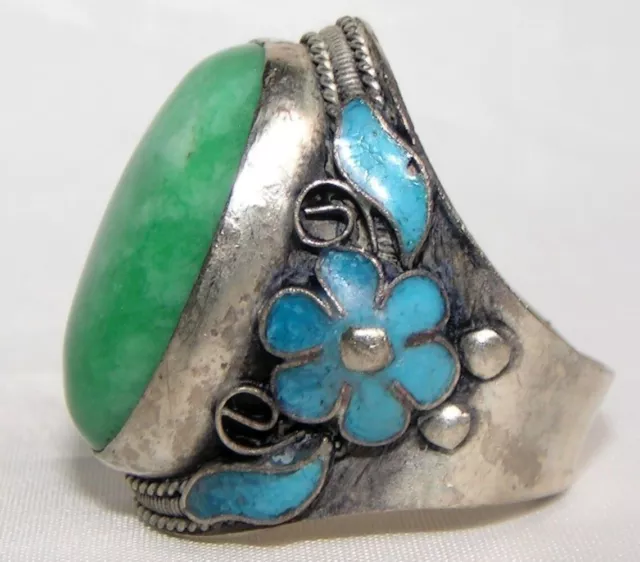 Old Chinese Green Jade Tibet Silver Enamel Flower Handmade Adjust Ring 2