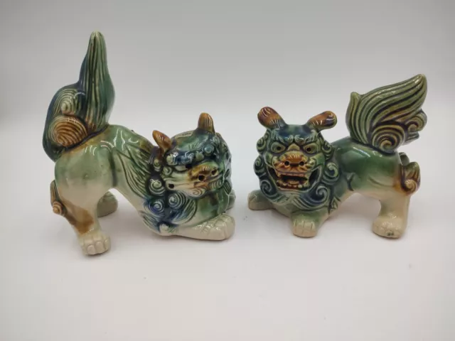 2 Vintage Majolica Ceramic Lucky Chinese Foo Dogs Guardian Lions Green Tan UC&GC