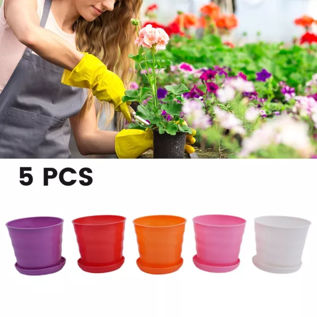 5 Plante Pot Jardin Rond Fleur Plastique Pots W/Soucoupe Plateau Décor Utile 3