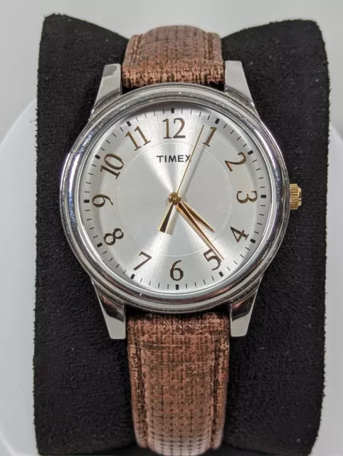 Timex Unisex Silver Tone Dial Round Case Brown Leather Band Watch 8 Inch