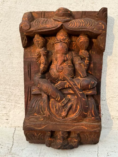 Antique Old Rare Hand Carved Wood Hindu Lord Ganesha Figure Wall Panel Sculpture