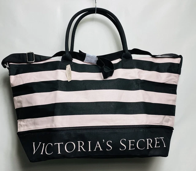 Victorias Secret Pink Black Stripe Travel Tote Bag Double Handle Adjustable NEW