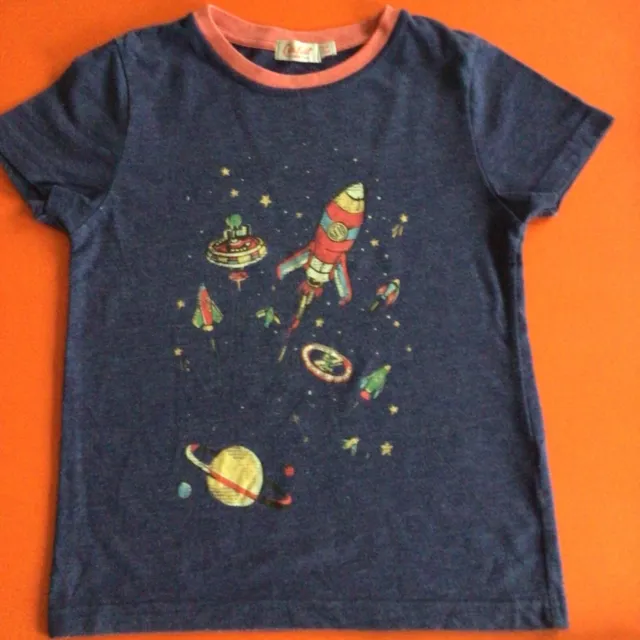 Cath Kidston Kids T-Shirt Top Cotton Blue Space Planet Rocket Print Age 5-6 Yrs