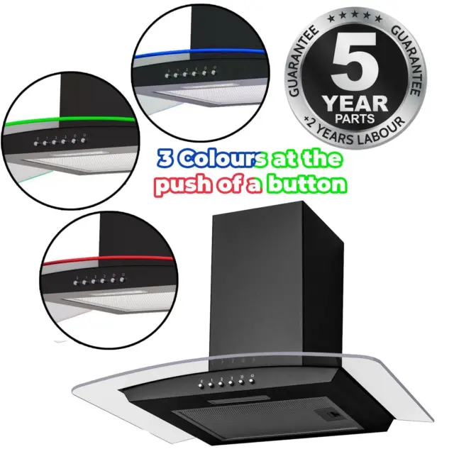 SIA CPLE70BL 70cm Black 3 Colour LED Edge Curved Glass Cooker Hood Extractor Fan
