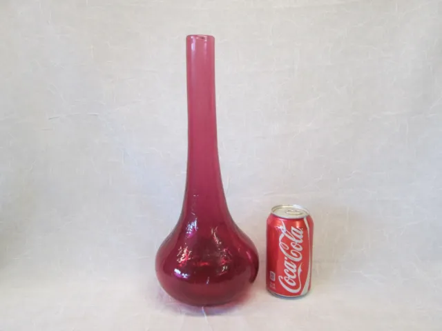 Blenko Art Glass Large 14.5" TALL CRANBERRY CRACKLED BOTTLE VASE Pink