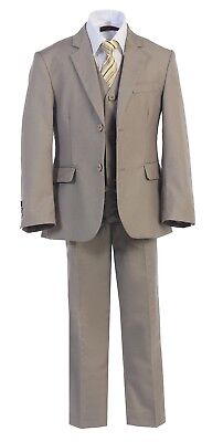 Magen Boys STONE Khaki SLIM FIT suit 7 pc set coat,vest,pant,shirt,Clip Tie