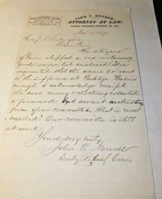 Original 1871 Letter  Relief Efforts for the Great Peshtigo ( WI) Fire var. 2