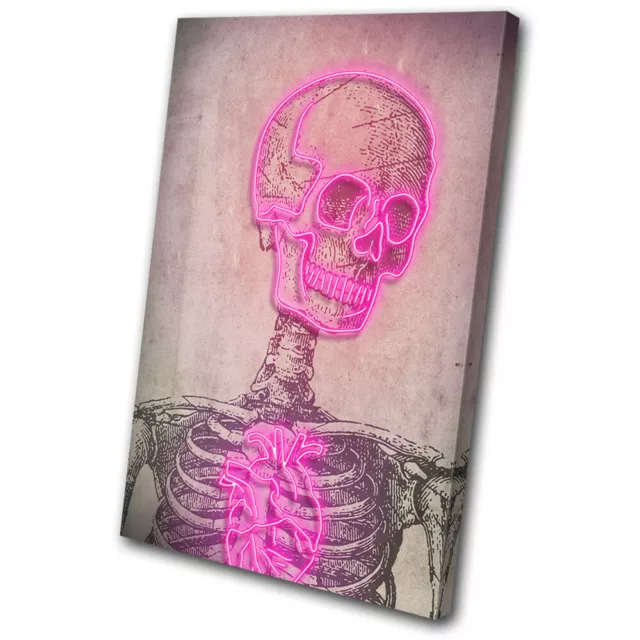 Skull Retro Neon Pink Vintage SINGLE CANVAS WALL ART Picture Print