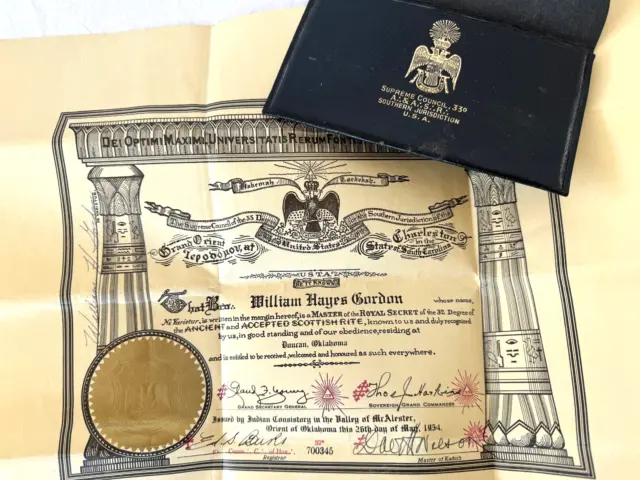 1954 SUPREME 33D COUNCIL MASONIC Masons Membership Certificate w Pouch Oklahoma