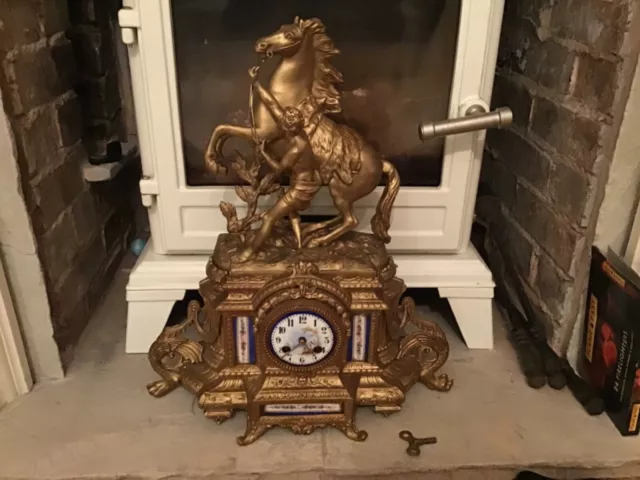 Large Antique Clock French H P & Co Paris Ormolu Marly Horse Hand Painted Panels